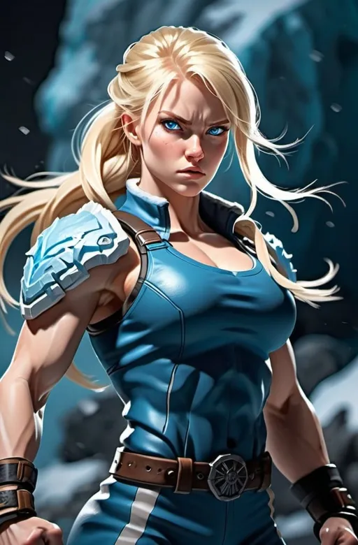 Prompt: Female figure. Greater bicep definition. Sharper, clearer blue eyes. Blonde hair.  Frostier, glacier effects.  Fierce combat stance. Raging Fists. 