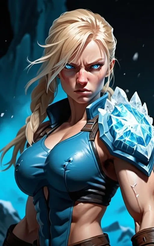 Prompt: Female figure. Greater bicep definition. Sharper, clearer blue eyes. Bleeding. Long Blonde hair flapping. Frostier, glacier effects. Fierce combat stance. Raging Fists. Icy Knuckles. 