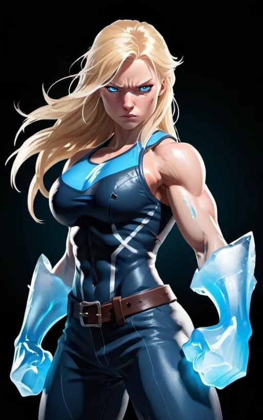 Prompt: Female figure. Greater bicep definition. Sharper, clearer blue eyes. Nosebleed. Long Blonde hair flapping. Frostier, glacier effects. Fierce combat stance. Raging Fists. Icy Knuckles.