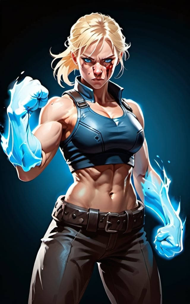 Prompt:  Female figure. Greater bicep definition. Sharper, clearer blue eyes. Blonde hair  flapping. Nose bleed. Frostier, glacier effects. Fierce combat stance. Raging Fists. 