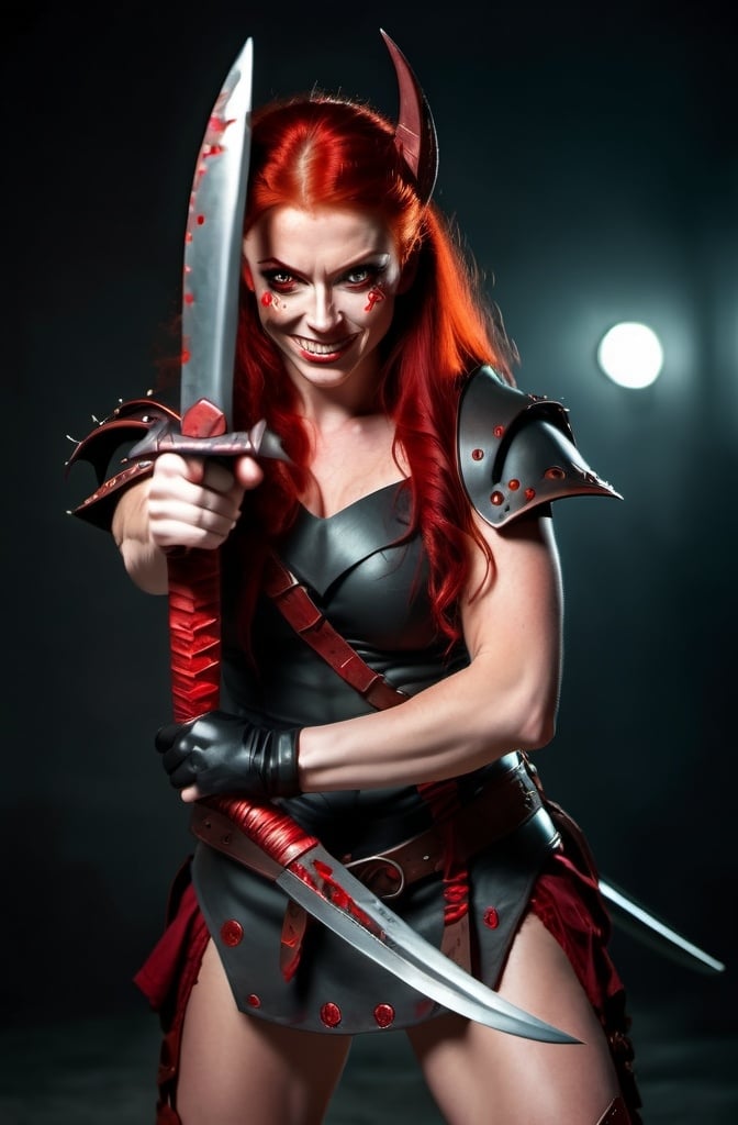 Prompt: Evil red-haired warrior woman with a mischievous grin. Carmine, red eyes. Fierce combat stance.