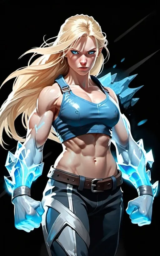 Prompt: Female figure. Greater bicep definition. Sharper, clearer blue eyes. Long Blonde hair flapping. Frostier, glacier effects. Fierce combat stance. Icy Knuckles. Raging Fists.