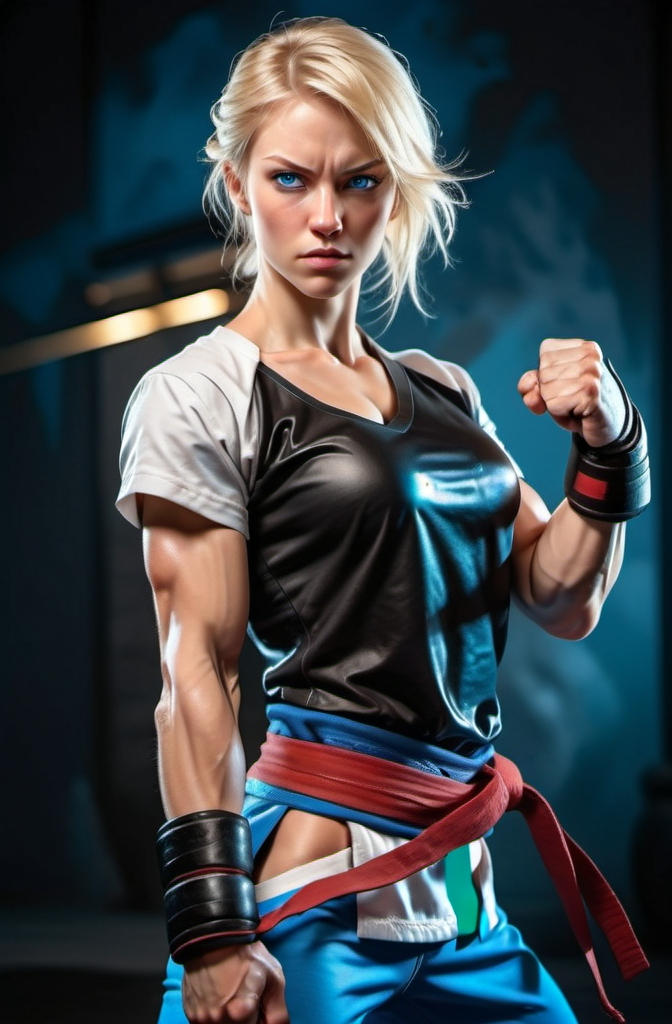 Prompt: Female figure. Greater bicep definition. Sharper, clearer blue eyes. Blonde hair flapping. Frostier, glacier effects. Fierce combat stance. Martial artist. 