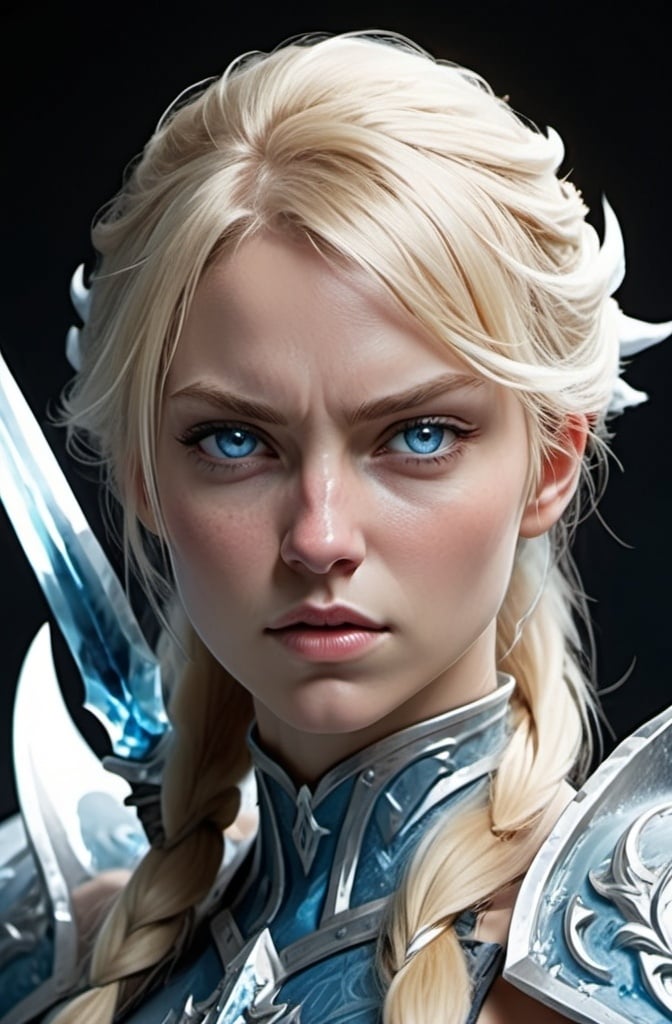 Prompt:  Female figure. Greater bicep definition. Sharper, clearer blue eyes. Nosebleed. Long Blonde hair flapping. Frostier, glacier effects. Fierce combat stance. Ice Daggers. 