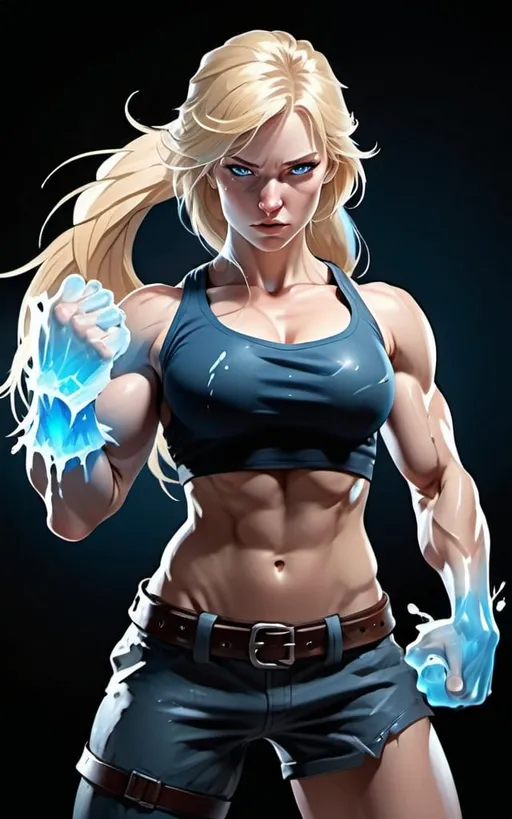 Prompt: Female figure. Greater bicep definition. Sharper, clearer blue eyes. Nosebleed. Long Blonde hair flapping. Frostier, glacier effects. Fierce combat stance. Icy Knuckles. Mist