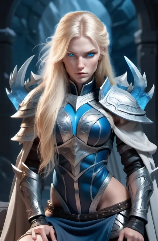 Prompt: Female figure. Greater bicep definition. Sharper, clearer blue eyes. Long Blonde hair flapping. Frostier, glacier effects. Fierce combat stance. She is sitting on a throne, resting her cheek on her hand.