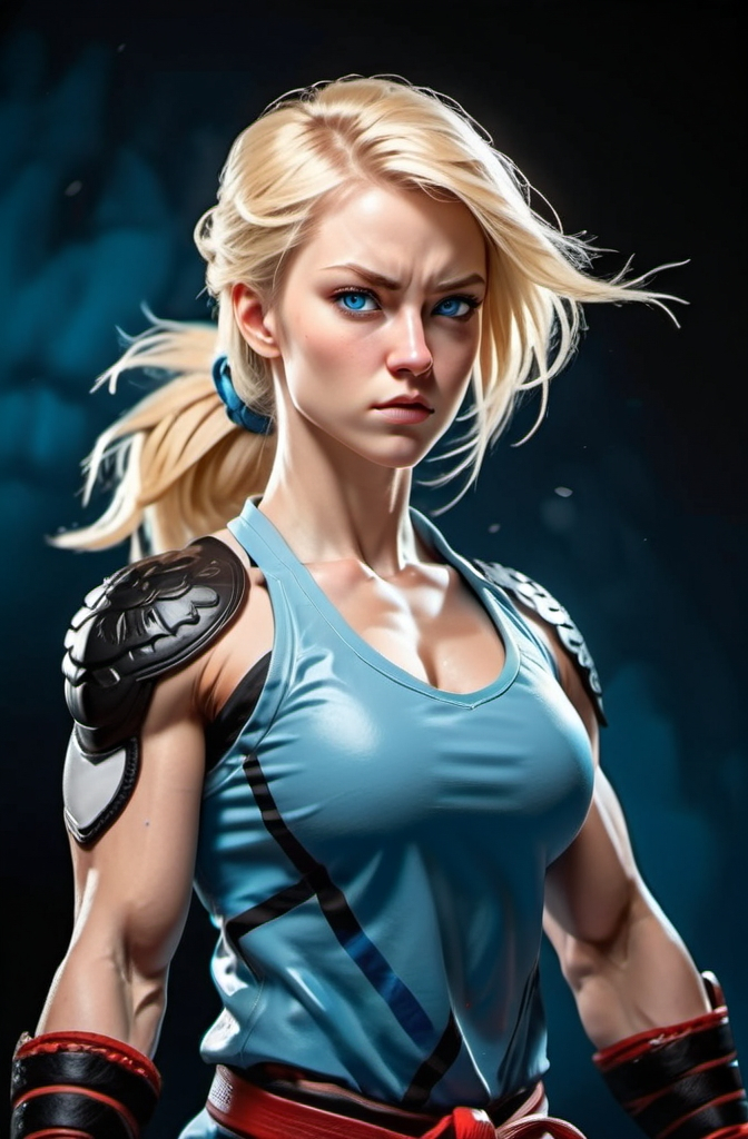 Prompt: Female figure. Greater bicep definition. Sharper, clearer blue eyes. Blonde hair flapping. Frostier, glacier effects. Fierce combat stance. Martial artist. 