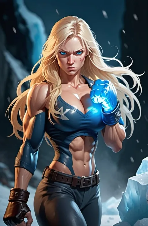 Prompt: Female figure. Greater bicep definition. Sharper, clearer blue eyes. Nosebleed. Long Blonde hair flapping. Frostier, glacier effects. Fierce combat stance. Raging Fists. Icy Knuckles. 