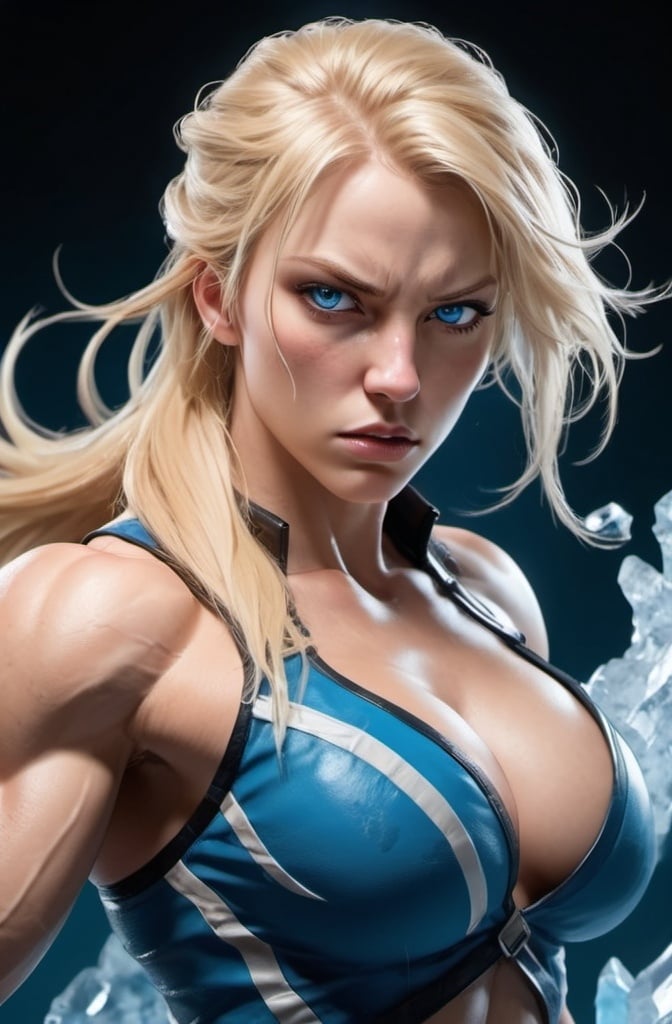 Prompt: Female figure. Greater bicep definition. Sharper, clearer blue eyes. Nosebleed. Long Blonde hair flapping. Frostier, glacier effects. Fierce combat stance. Raging Fists. Icy Knuckles.