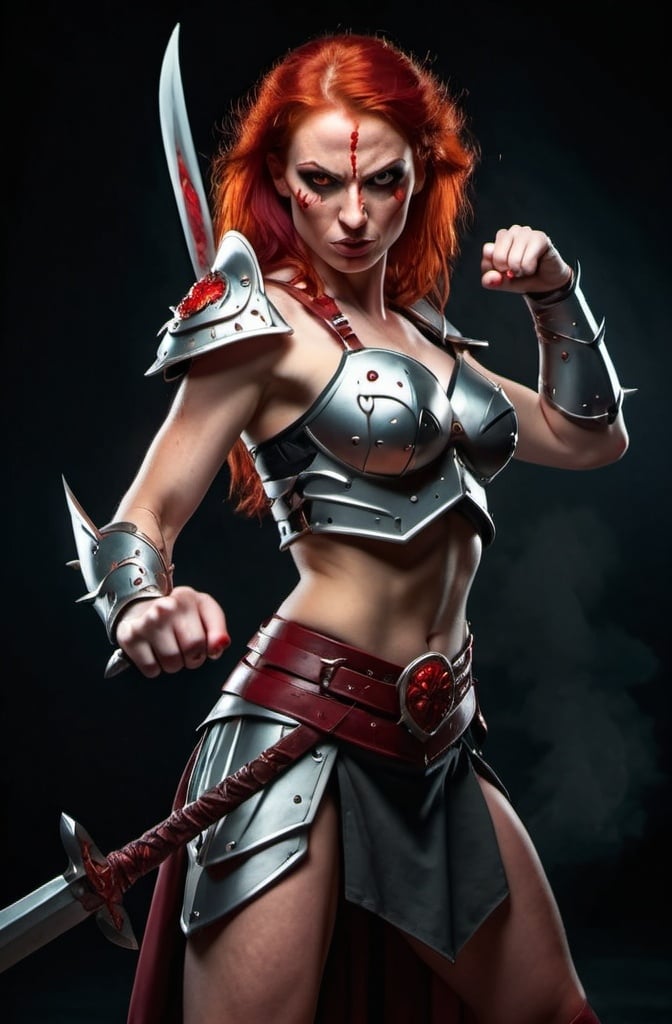 Prompt: Evil red-haired warrior woman with a mischievous smirk. Carmine, red eyes. Fierce combat stance.