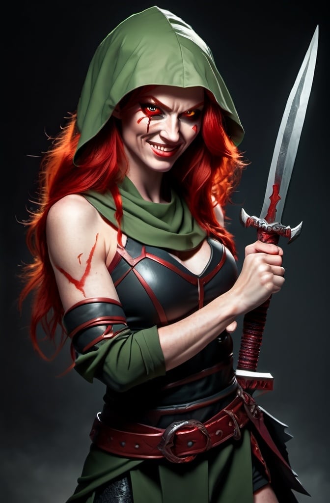 Prompt: Evil red-haired warrior woman with a mischievous grin. Carmine, red eyes. Fierce combat stance.
