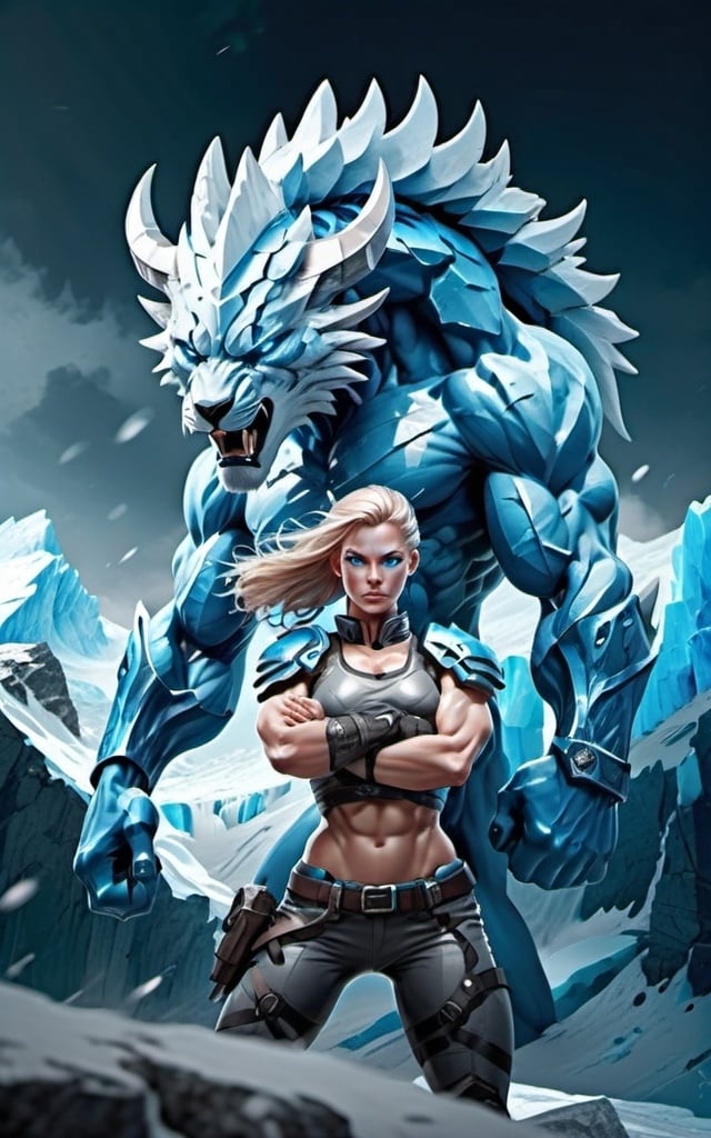 Prompt: Female figure. Greater bicep definition. Sharper, clearer blue eyes.  Frostier, glacier effects. Fierce combat stance. 