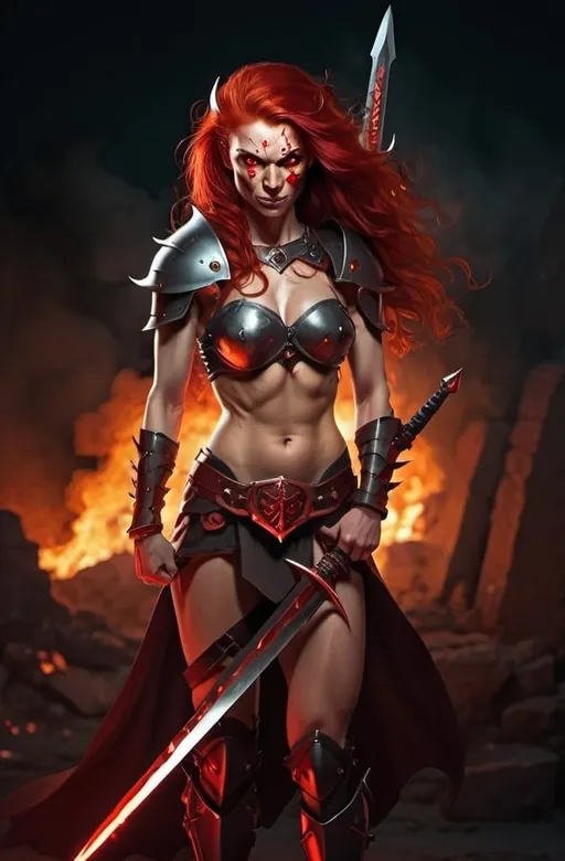 Prompt: Evil red-haired warrior woman with a mischievous grin. Carmine, red eyes. Fierce combat stance.