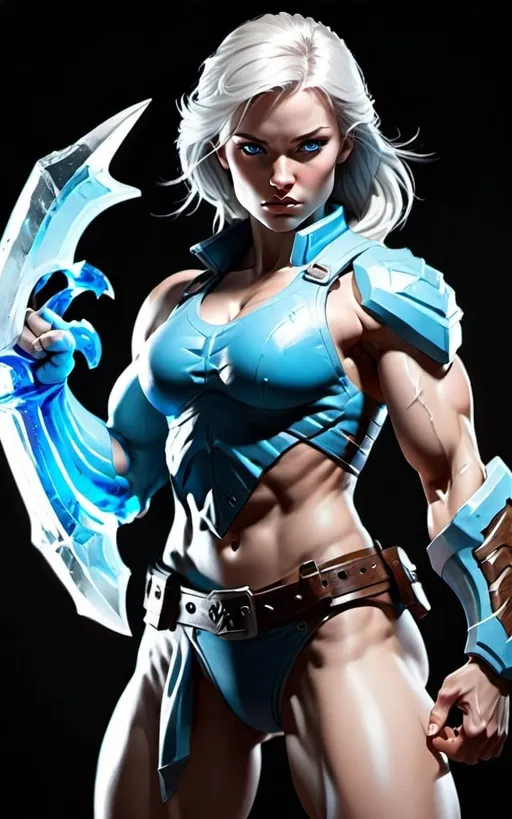 Prompt: Female figure. Greater bicep definition. Sharper, clearer blue eyes.  Frostier, glacier effects. Fierce combat stance. 