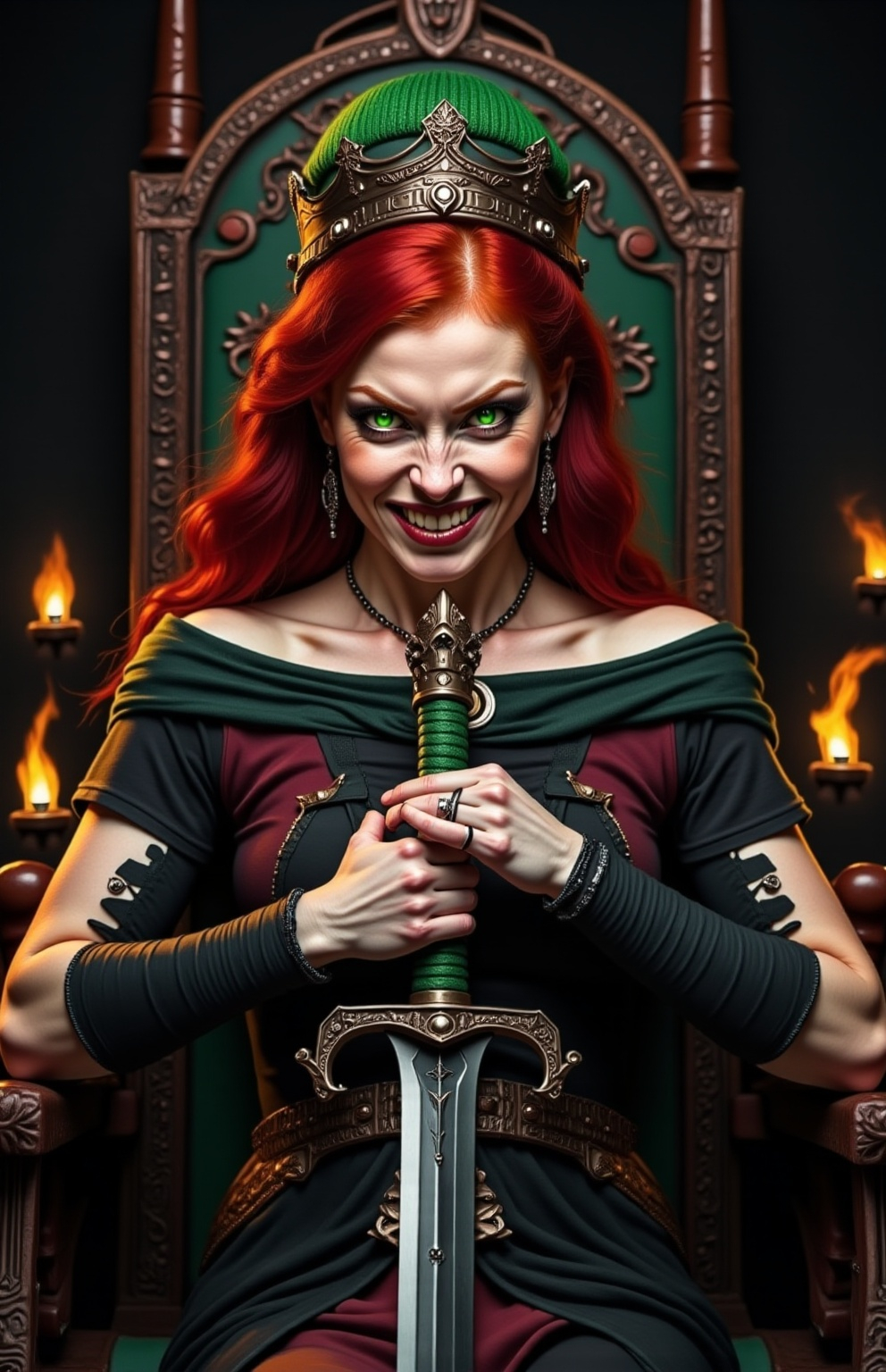 Prompt: @wbV7YKlXTFt2cBPb46HT A regal female figure standing confidently with a commanding presence, wearing an ornate crown atop her head. She has a sinister, sadistic smile that reveals a mischievous or malevolent intent. Her posture exudes authority and dominance, with her shoulders back and head slightly tilted. The scene is set in a dimly lit throne room with flickering torches casting shadows across her face, highlighting her piercing eyes and sharp features. Her attire is elaborate, featuring dark, regal fabrics with intricate gold accents. The atmosphere is tense and ominous, emphasizing her evil smile and royal demeanor. The composition captures her from a mid-shot perspective, focusing on her face and upper body, with dramatic lighting accentuating her sinister expression.