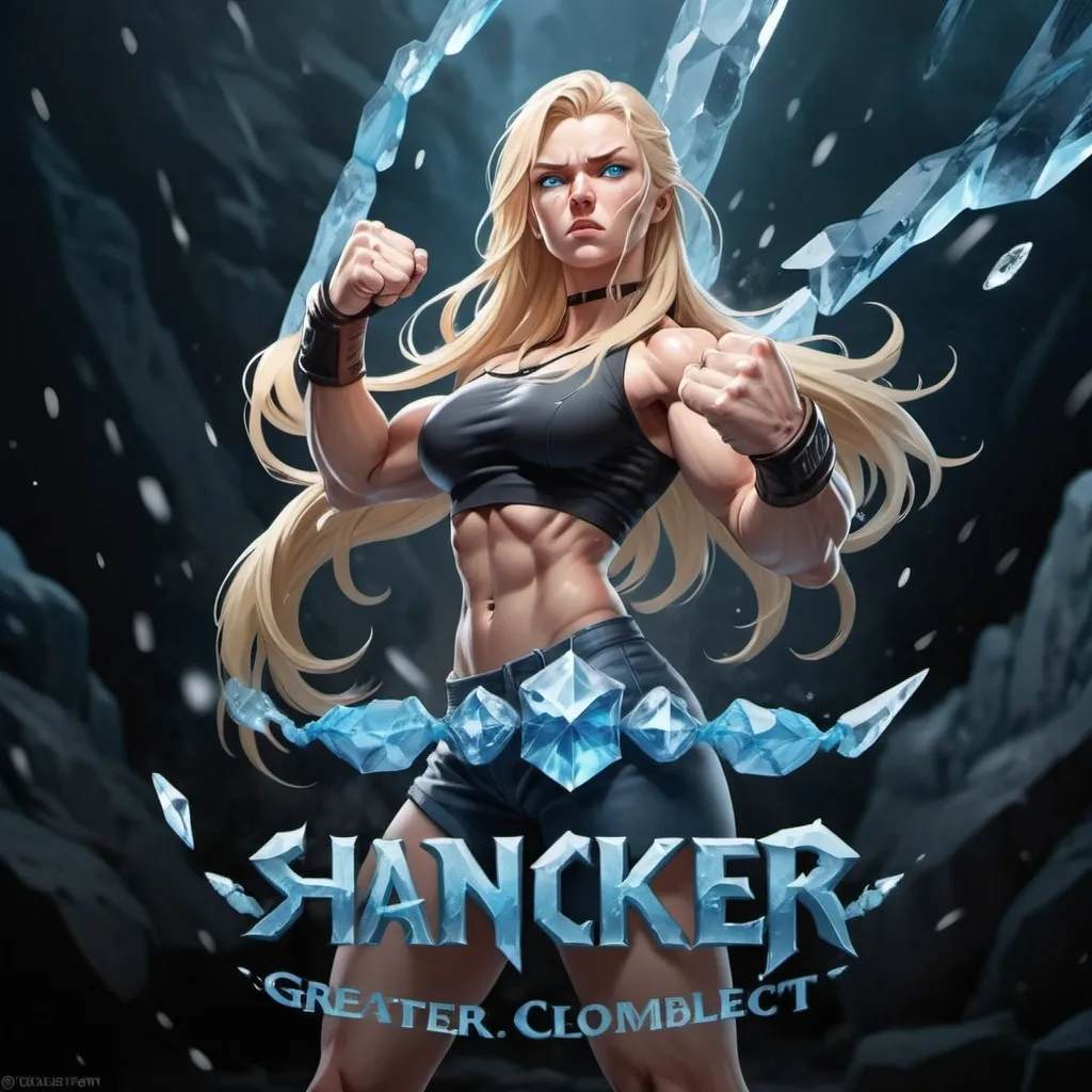 Prompt:  Female figure. Greater bicep definition. Sharper, clearer blue eyes. Nosebleed. Long Blonde hair flapping. Frostier, glacier effects. Fierce combat stance. Raging Fists. Icy Knuckles. 