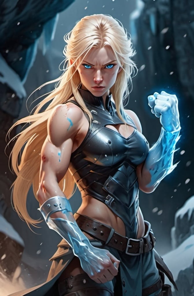 Prompt: Female figure. Greater bicep definition. Sharper, clearer blue eyes. Bleeding. Long Blonde hair flapping. Frostier, glacier effects. Fierce combat stance. Icy Knuckles.