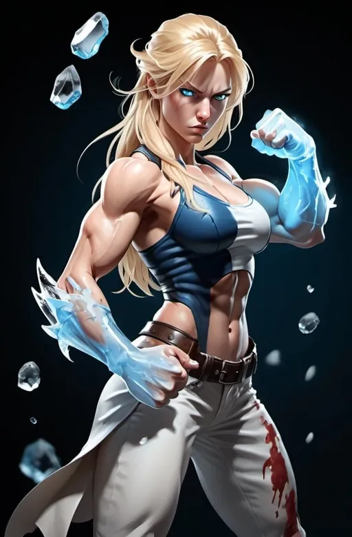 Prompt: Female figure. Greater bicep definition. Sharper, clearer blue eyes. Nosebleed. Long Blonde hair flapping. Frostier, glacier effects. Fierce combat stance. Raging Fists. Icy Knuckles.  