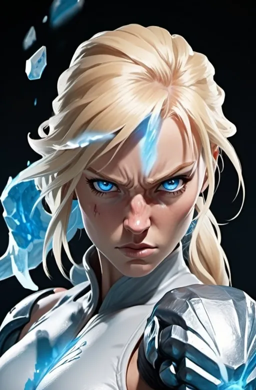 Prompt:  Female figure. Greater bicep definition. Sharper, clearer blue eyes. Nosebleed. Long Blonde hair flapping. Frostier, glacier effects. Fierce combat stance. Raging Fists. Icy Knuckles. 