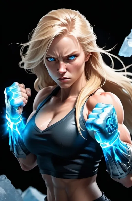 Prompt: Female figure. Greater bicep definition. Sharper, clearer blue eyes. Nosebleed. Long Blonde hair flapping. Frostier, glacier effects. Fierce combat stance. Raging Fists. Icy Knuckles.