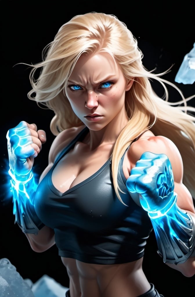 Prompt: Female figure. Greater bicep definition. Sharper, clearer blue eyes. Nosebleed. Long Blonde hair flapping. Frostier, glacier effects. Fierce combat stance. Raging Fists. Icy Knuckles.