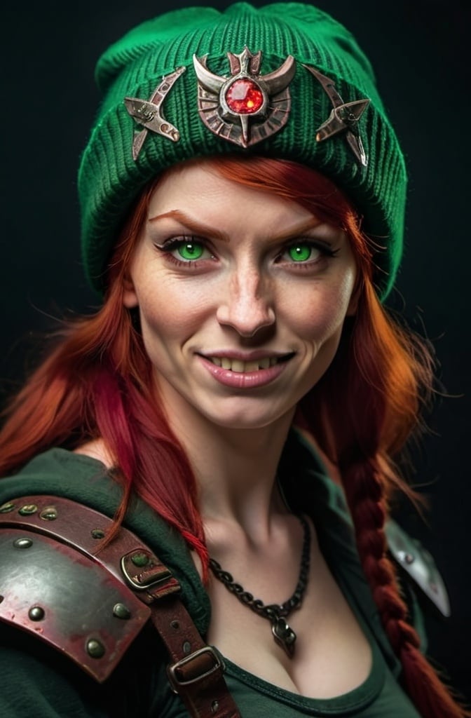 Prompt: Evil red-haired warrior woman, wearing a green beanie and a mischievous smirk. Carmine red eyes. Carries daggers. 