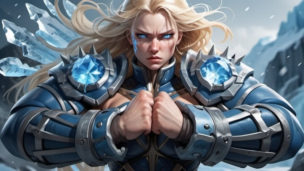 Prompt: Female figure. Greater bicep definition. Sharper, clearer blue eyes. Nosebleed. Long Blonde hair flapping. Frostier, glacier effects. Fierce combat stance. Icy knuckle cracking. 