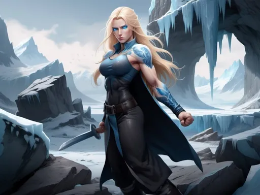 Prompt: Female figure. Greater bicep definition. Sharper, clearer blue eyes. Nosebleed. Long Blonde hair flapping. Frostier, glacier effects. Fierce combat stance. Raging Fists. Icy Knuckles.