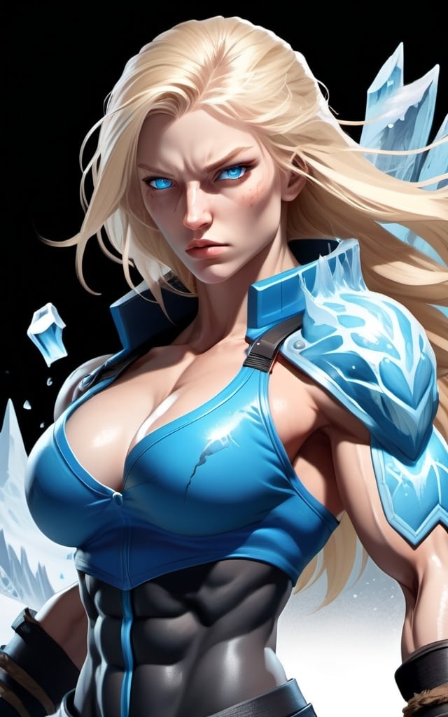 Prompt: Female figure. Greater bicep definition. Sharper, clearer blue eyes. Nosebleed. Long Blonde hair flapping. Frostier, glacier effects. Fierce combat stance. Raging Fists. Icy Knuckles.