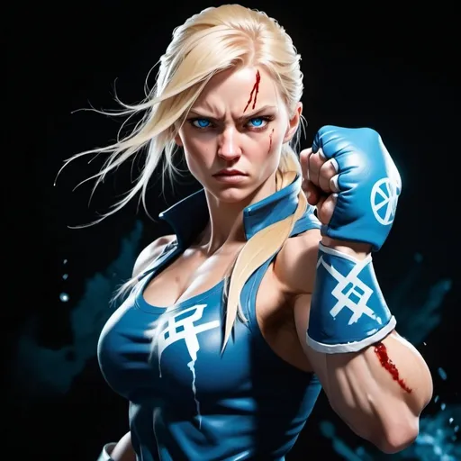 Prompt: Female figure. Greater bicep definition. Sharper, clearer blue eyes. Bleeding. Long Blonde hair flapping. Frostier, glacier effects. Fierce combat stance. Raging Fists. Icy Knuckles. 