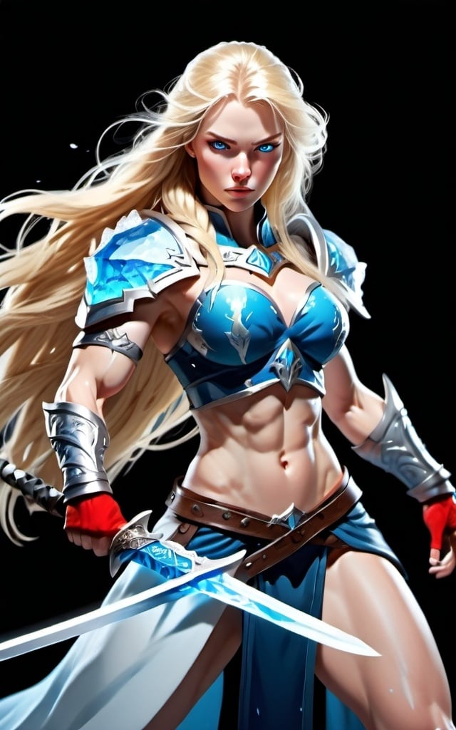 Prompt: Female figure. Greater bicep definition. Sharper, clearer blue eyes. Long Blonde hair flapping. Frostier, glacier effects. Fierce combat stance. Ice Sword.