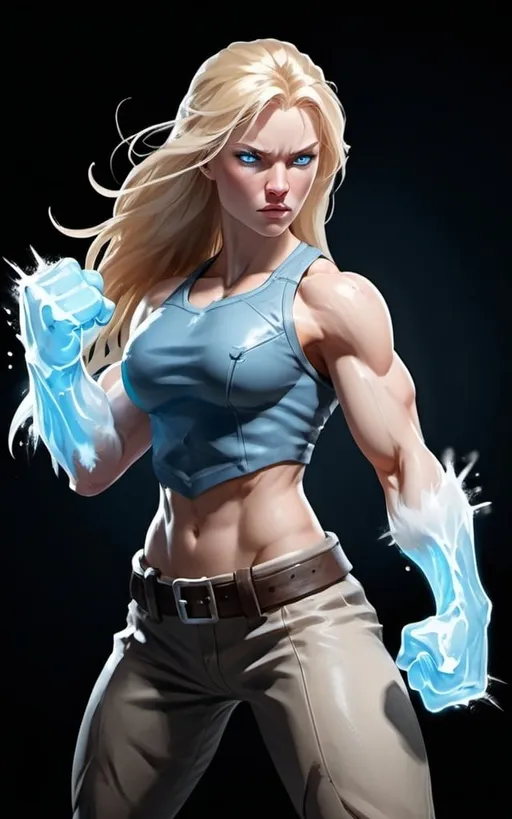 Prompt: Female figure. Greater bicep definition. Sharper, clearer blue eyes. Long Blonde hair flapping. Frostier, glacier effects. Fierce combat stance. Icy Knuckles. Raging Fists.