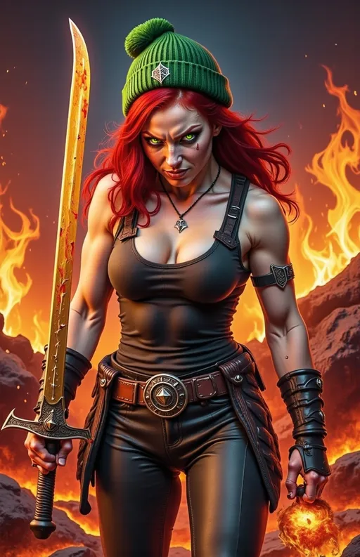 Prompt: @wbV7YKlXTFt2cBPb46HT is in a fierce combat stance. Carrying daggers made of Lava. 