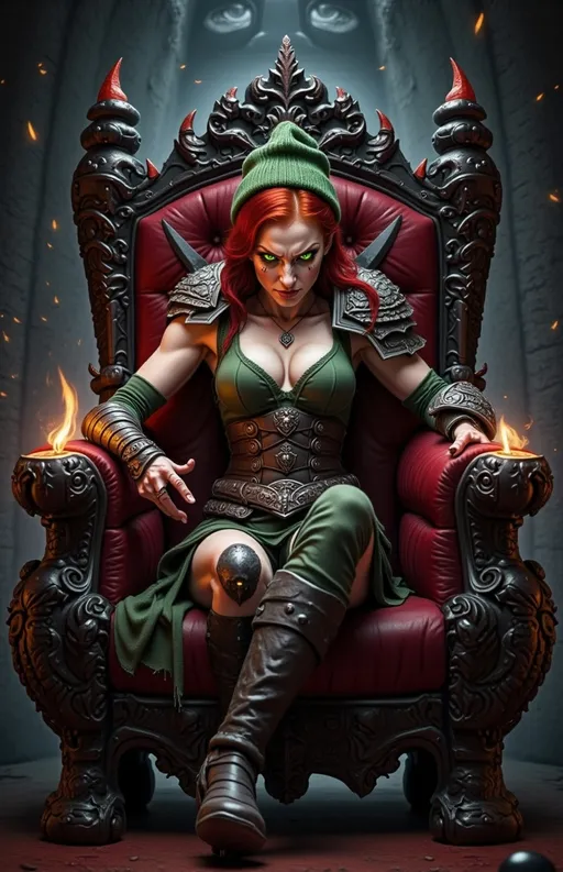 Prompt: @wbV7YKlXTFt2cBPb46HT A powerful female warrior with an evil expression sits regally on an ornate throne, her posture exuding dominance and authority. The throne, intricately carved with dark motifs, looms in a dimly lit chamber, where flickering torches cast dancing shadows across the stone walls. She wears a battle-worn armor adorned with spikes and dark embellishments, contrasting sharply with her flowing, tattered cape that drapes over the throne. Her piercing gaze is fixed forward, with narrowed eyes and a slight smirk hinting at her sinister intentions. The atmosphere is thick with tension, as swirling dust particles catch the torchlight, creating an ominous aura around her.