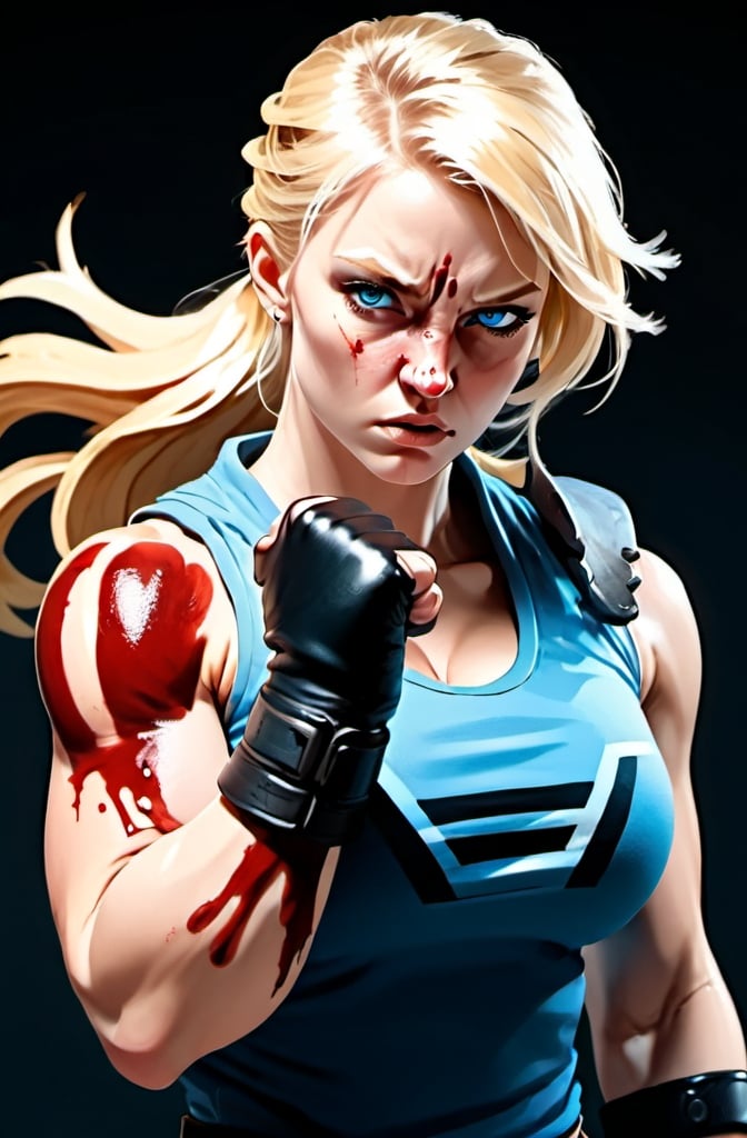 Prompt:  Female figure. Greater bicep definition. Sharper, clearer blue eyes. Blonde hair  flapping. Nose bleed. Frostier, glacier effects. Fierce combat stance. Raging Fists. 