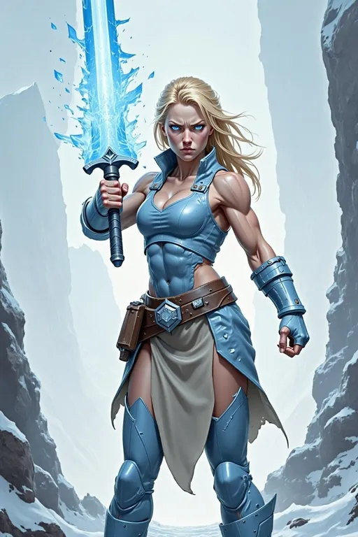 Prompt: @lbK8EQWu1r8WEqH2g1L6 A muscular female warrior wielding a shimmering sword of ice, standing in a frozen landscape. She is mid-action, gripping the icy blade with both hands, her stance powerful and determined. Her armor is sleek and metallic, reflecting cold blue and silver tones, with frost forming along the edges. Her hair flows behind her, caught in a gust of icy wind. The environment features jagged ice formations and a snow-covered ground under a pale, overcast sky. Soft blue light emanates from the sword, illuminating her focused expression. The scene is captured from a slightly low angle, emphasizing her strength and the glowing weapon, with swirling snow and icy particles adding a dynamic, wintry atmosphere.