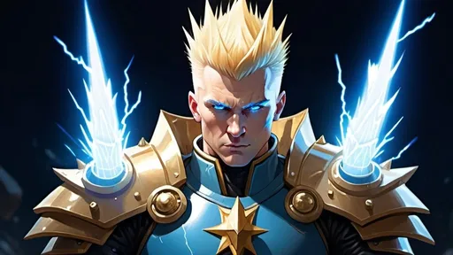 Prompt: Male Figure. Strong. Spikey Blonde hair. Clean shaven. Blue eyes. Emperor. Wearing a spikey Electricity Gauntlet. Lighting background. Leading an Army.  