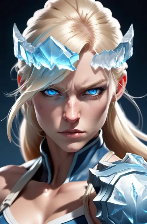 Prompt:  Female figure. Greater bicep definition. Sharper, clearer blue eyes. Nosebleed. Long Blonde hair flapping. Frostier, glacier effects. Fierce combat stance. Raging Fists. Icy Knuckles.  