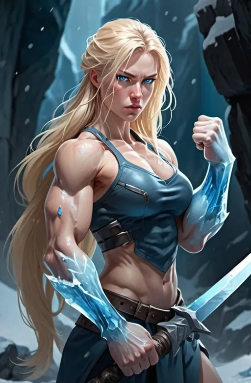 Prompt: Female figure. Greater bicep definition. Sharper, clearer blue eyes. Bleeding. Long Blonde hair flapping. Frostier, glacier effects. Fierce combat stance. Icy Knuckles.