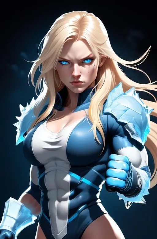 Prompt: Female figure. Greater bicep definition. Sharper, clearer blue eyes. Nosebleed. Long Blonde hair flapping. Frostier, glacier effects. Fierce combat stance. Raging Fists. Icy Knuckles.