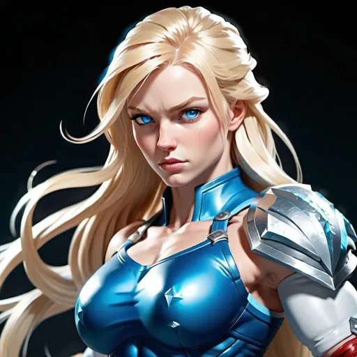 Prompt: Female figure. Greater bicep definition. Sharper, clearer blue eyes. Long Blonde hair flapping. Frostier, glacier effects. Fierce combat stance. Icy Knuckles. 