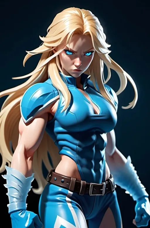 Prompt: Female figure. Greater bicep definition. Sharper, clearer blue eyes. Nosebleed. Long Blonde hair flapping. Frostier, glacier effects. Fierce combat stance. Raging Fists. Icy Knuckles. Blue outfit. 