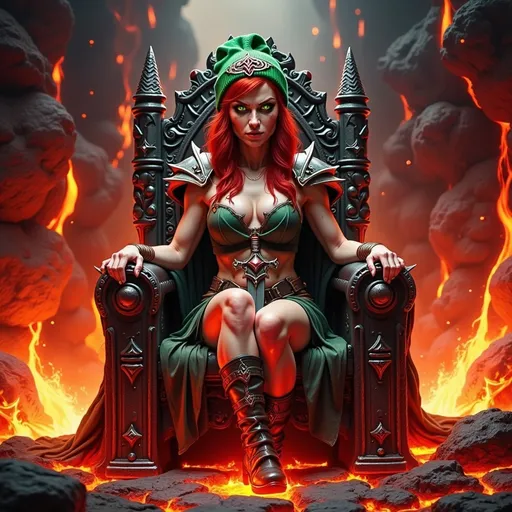 Prompt: @wbV7YKlXTFt2cBPb46HT A regal female figure seated on an ornate throne, wearing a shimmering crown atop her head. She is positioned centrally within a vast kingdom of flowing, molten lava, with fiery cracks illuminating the dark, volcanic landscape. The throne is carved from dark stone with glowing red accents, contrasting sharply against the fiery environment. Bright, flickering flames cast dynamic shadows across her face and attire, highlighting her commanding presence. The scene is viewed from a slightly low angle, emphasizing her dominance over the fiery realm. Embers drift through the air, and the molten lava reflects the intense glow, creating a dramatic, high-contrast atmosphere.