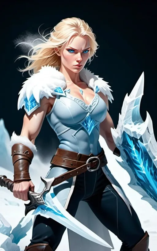 Prompt:  Female figure. Greater bicep definition. Sharper, clearer blue eyes. Blonde hair  flapping. Frostier, glacier effects. Engulfed in White Mist. Fierce combat stance. Holding Ice Daggers.