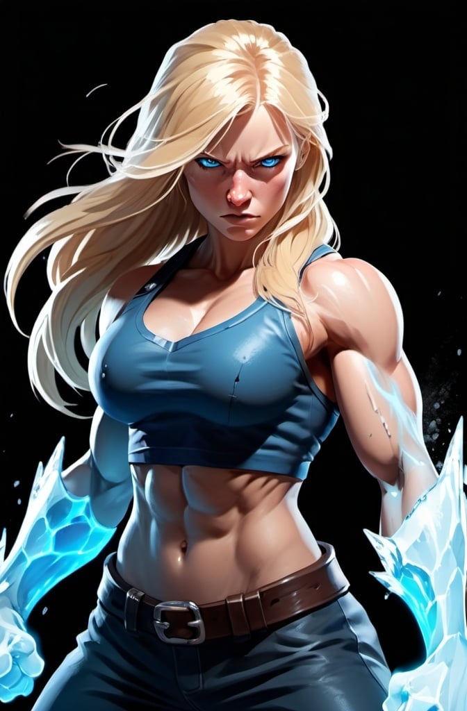 Prompt: Female figure. Greater bicep definition. Sharper, clearer blue eyes. Nosebleed. Long Blonde hair flapping. Frostier, glacier effects. Fierce combat stance. Raging Fists. Icy Knuckles. 