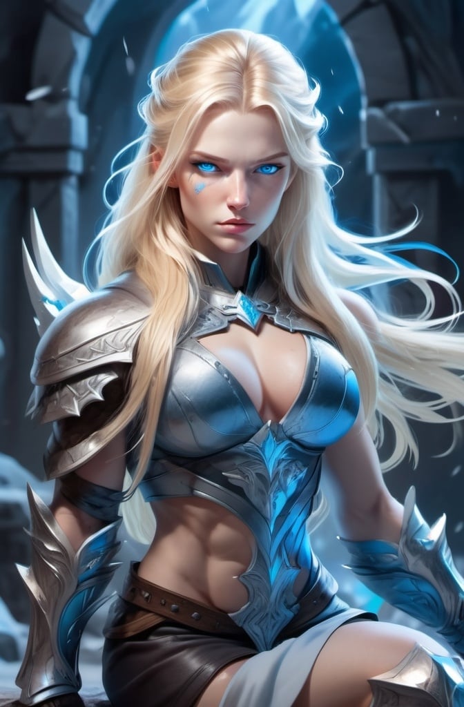 Prompt: Female figure. Greater bicep definition. Sharper, clearer blue eyes. Long Blonde hair flapping. Frostier, glacier effects. Fierce combat stance. She is sitting on a throne, resting her cheek on her hand.