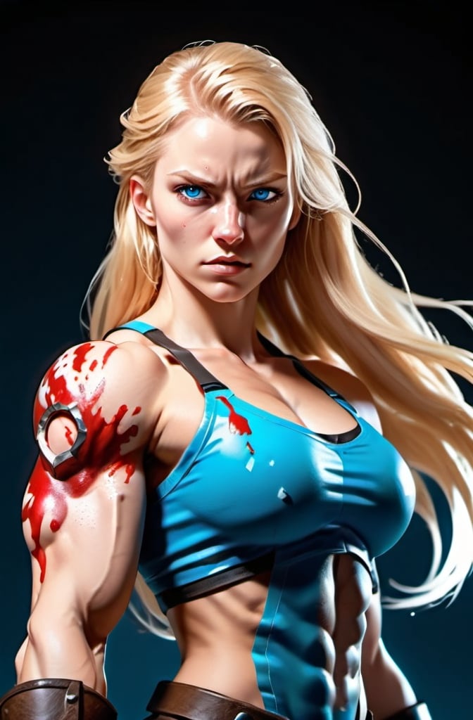 Prompt: Female figure. Greater bicep definition. Sharper, clearer blue eyes. Nosebleed. Long Blonde hair flapping. Frostier, glacier effects. Fierce combat stance. Icy Knuckles.