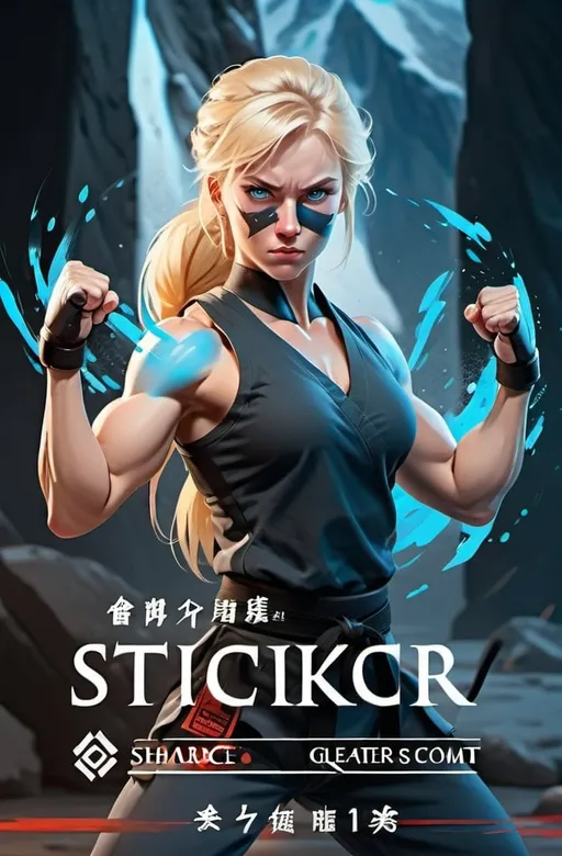 Prompt: Female figure. Greater bicep definition. Sharper, clearer blue eyes. Blonde hair flapping. Frostier, glacier effects. Fierce combat stance. Martial arts. 