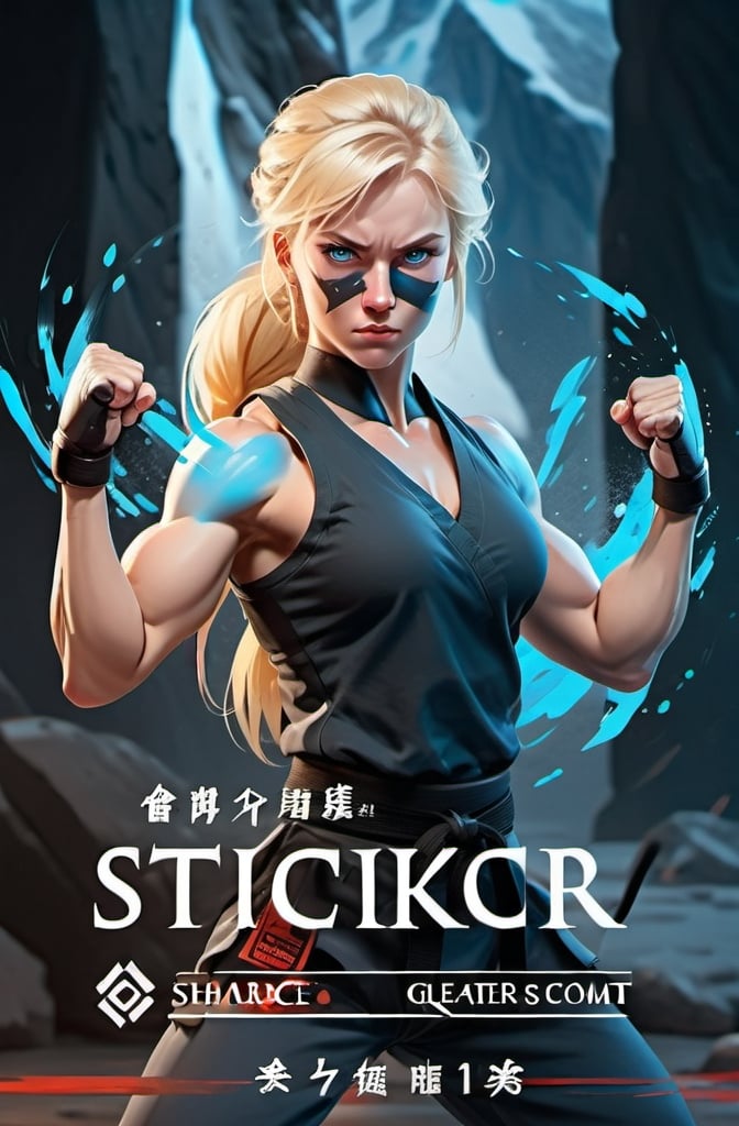 Prompt: Female figure. Greater bicep definition. Sharper, clearer blue eyes. Blonde hair flapping. Frostier, glacier effects. Fierce combat stance. Martial arts. 