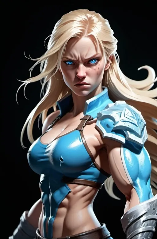 Prompt: Female figure. Greater bicep definition. Sharper, clearer blue eyes. Bleeding. Long Blonde hair flapping. Frostier, glacier effects. Fierce combat stance. Raging Fists. Icy Knuckles.